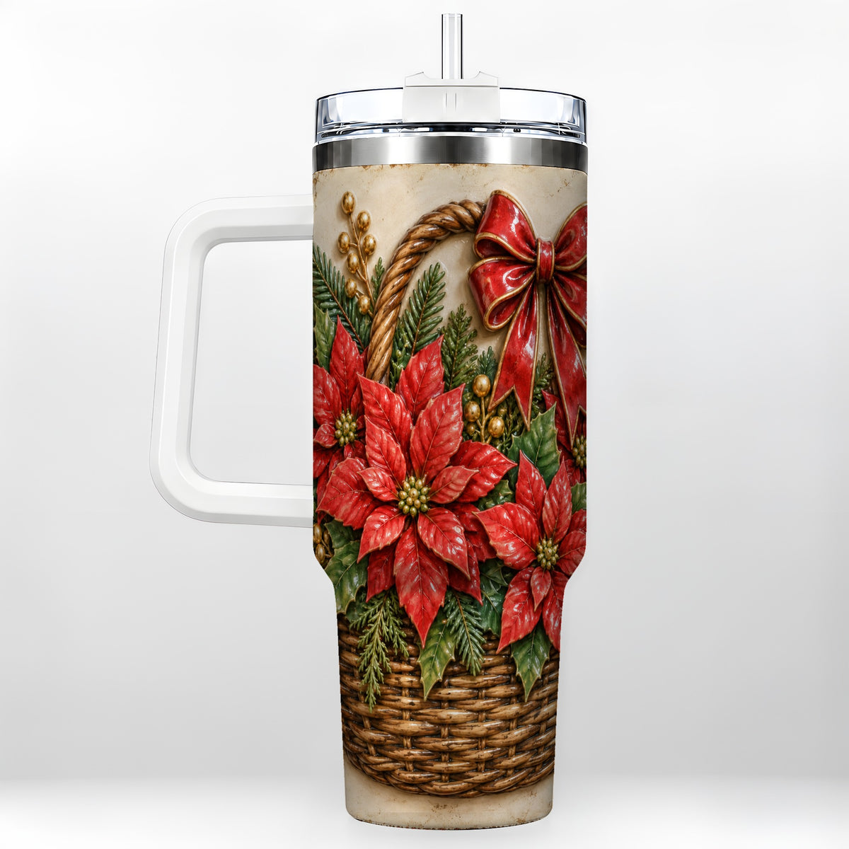 Christmas Poinsettia Basket 40oz Tumbler with Handle, Vintage Floral