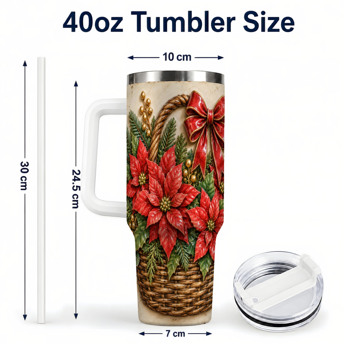 #pl[40oz|White] Christmas Poinsettia Basket 40oz Tumbler with Handle, Vintage Floral