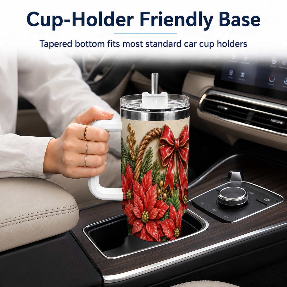 Christmas Poinsettia Basket 40oz Tumbler with Handle, Vintage Floral