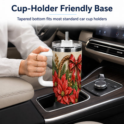 Christmas Poinsettia Basket 40oz Tumbler with Handle, Vintage Floral