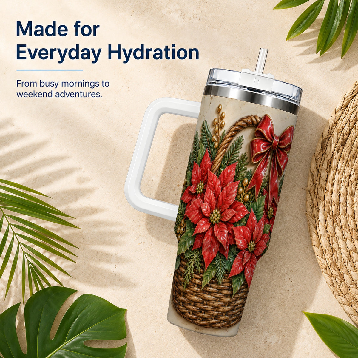 Christmas Poinsettia Basket 40oz Tumbler with Handle, Vintage Floral