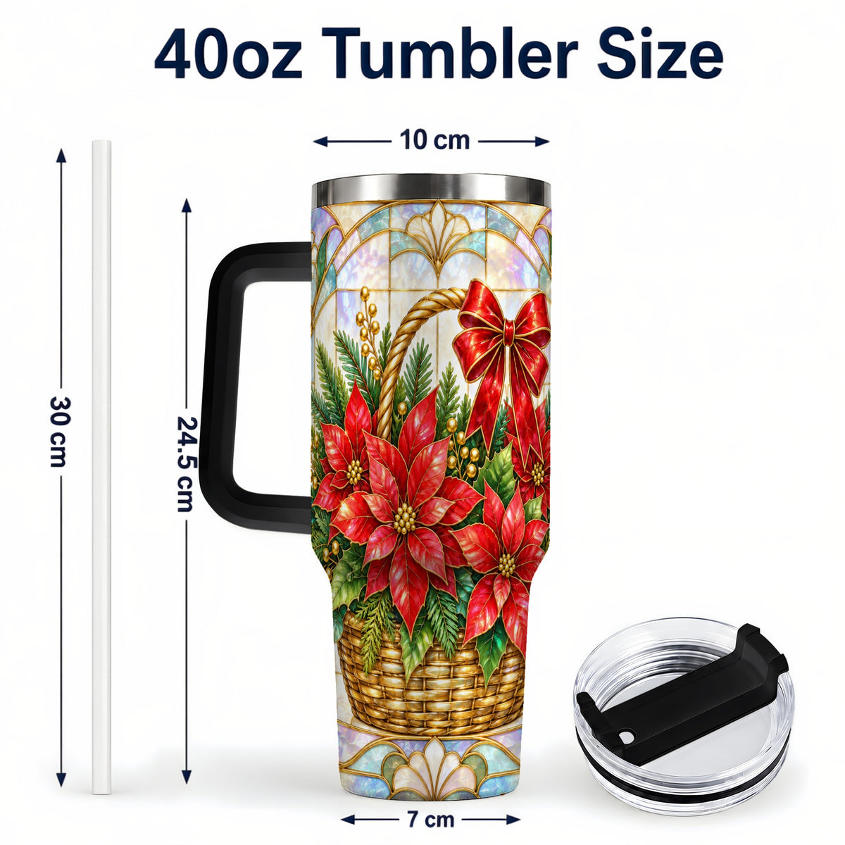 #pl[40oz|Black] Stained Glass Poinsettia 40oz Tumbler with Handle, Christmas Floral
