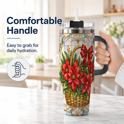 #pl[40oz|Black] Stained Glass Poinsettia 40oz Tumbler with Handle, Christmas Floral