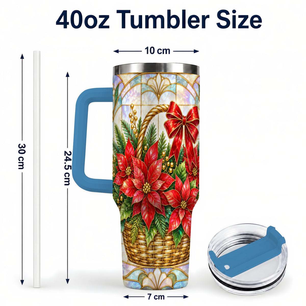 #pl[40oz|Blue] Stained Glass Poinsettia 40oz Tumbler with Handle, Christmas Floral