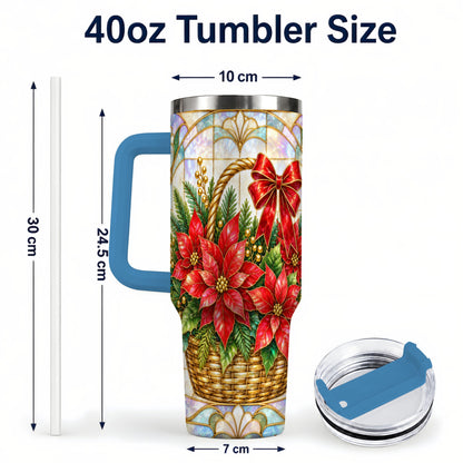 #pl[40oz|Blue] Stained Glass Poinsettia 40oz Tumbler with Handle, Christmas Floral