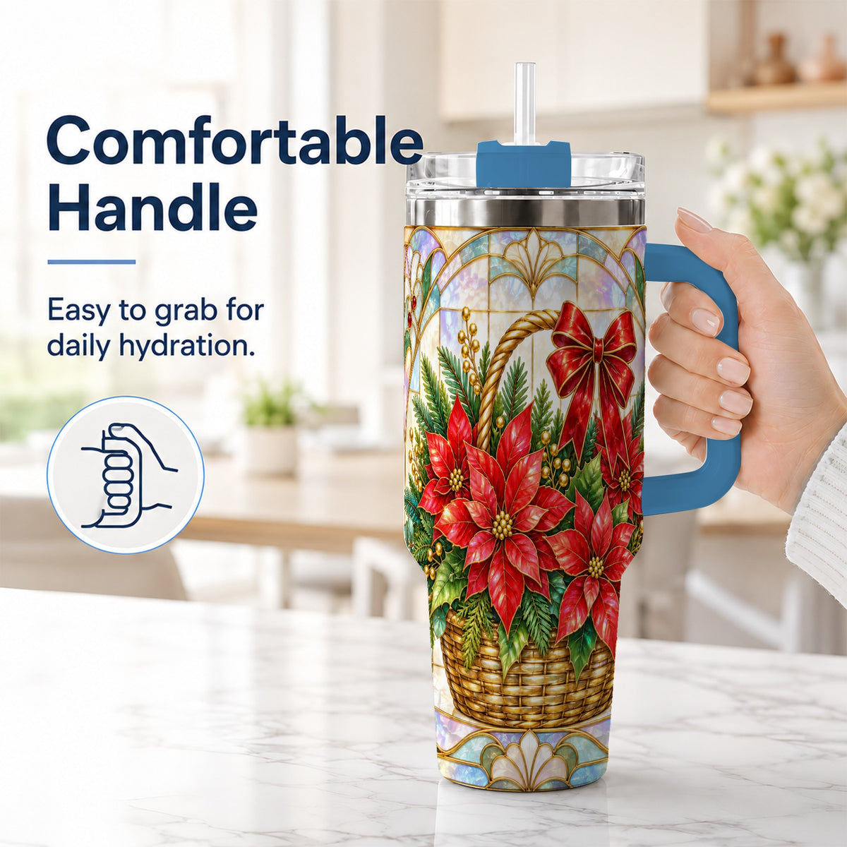 #pl[40oz|Blue] Stained Glass Poinsettia 40oz Tumbler with Handle, Christmas Floral