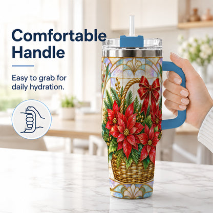 #pl[40oz|Blue] Stained Glass Poinsettia 40oz Tumbler with Handle, Christmas Floral