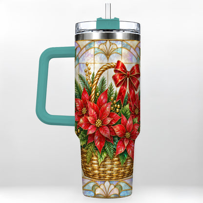 #pl[40oz|Green] Stained Glass Poinsettia 40oz Tumbler with Handle, Christmas Floral