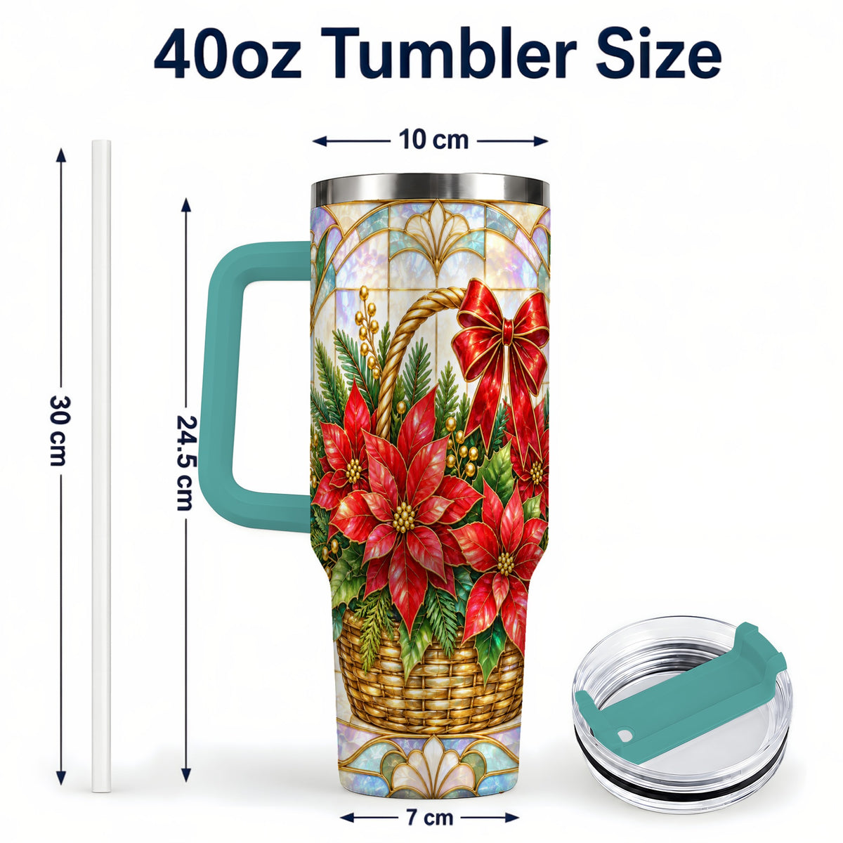 #pl[40oz|Green] Stained Glass Poinsettia 40oz Tumbler with Handle, Christmas Floral