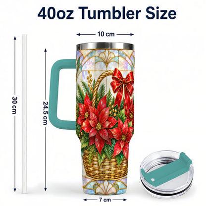 #pl[40oz|Green] Stained Glass Poinsettia 40oz Tumbler with Handle, Christmas Floral