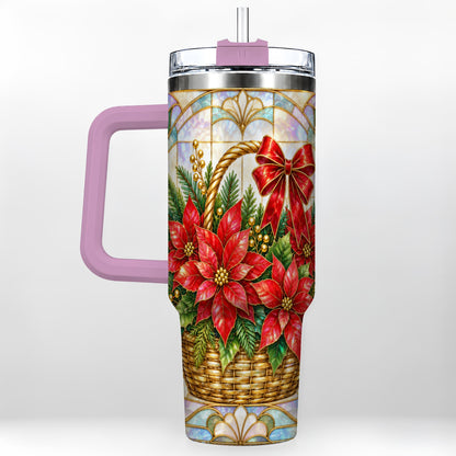 #pl[40oz|Pink] Stained Glass Poinsettia 40oz Tumbler with Handle, Christmas Floral