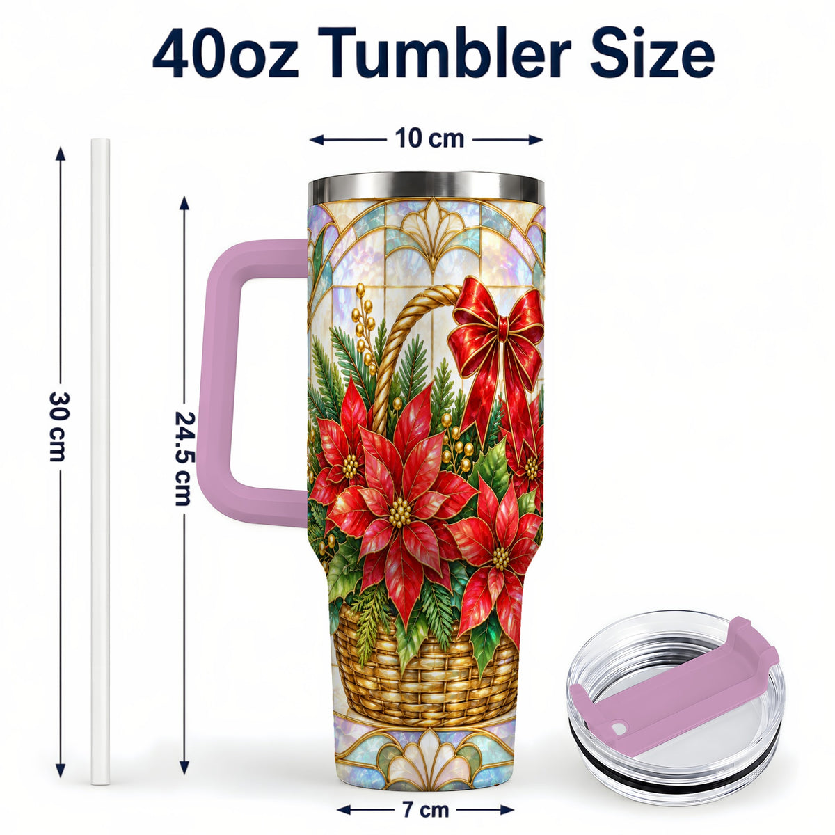 #pl[40oz|Pink] Stained Glass Poinsettia 40oz Tumbler with Handle, Christmas Floral