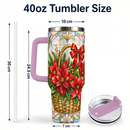 #pl[40oz|Pink] Stained Glass Poinsettia 40oz Tumbler with Handle, Christmas Floral