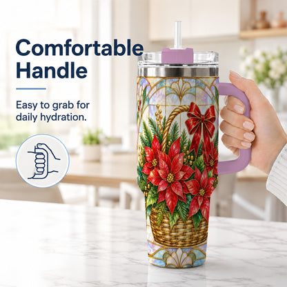 #pl[40oz|Pink] Stained Glass Poinsettia 40oz Tumbler with Handle, Christmas Floral