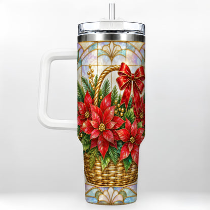 Stained Glass Poinsettia 40oz Tumbler with Handle, Christmas Floral