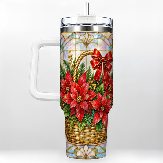 Stained Glass Poinsettia 40oz Tumbler with Handle, Christmas Floral