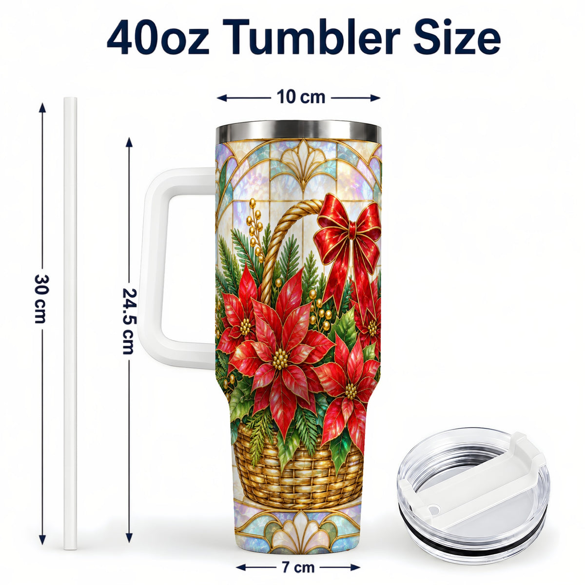 #pl[40oz|White] Stained Glass Poinsettia 40oz Tumbler with Handle, Christmas Floral