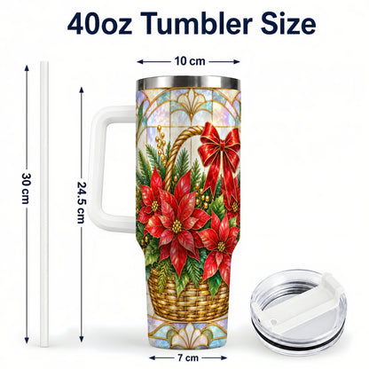 #pl[40oz|White] Stained Glass Poinsettia 40oz Tumbler with Handle, Christmas Floral