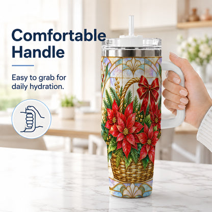 #pl[40oz|White] Stained Glass Poinsettia 40oz Tumbler with Handle, Christmas Floral