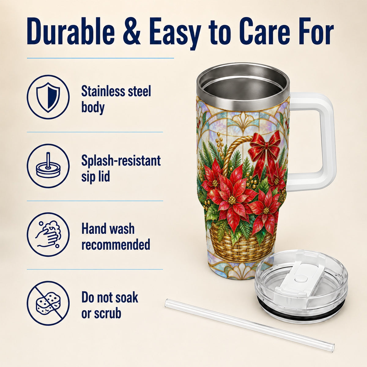 Stained Glass Poinsettia 40oz Tumbler with Handle, Christmas Floral