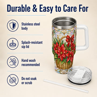 Stained Glass Poinsettia 40oz Tumbler with Handle, Christmas Floral