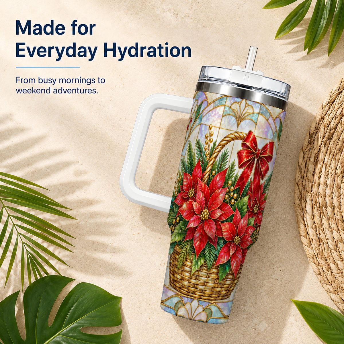 Stained Glass Poinsettia 40oz Tumbler with Handle, Christmas Floral