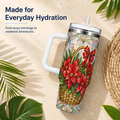 Stained Glass Poinsettia 40oz Tumbler with Handle, Christmas Floral
