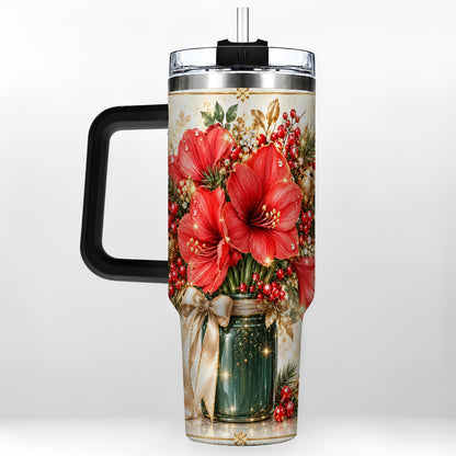 #pl[40oz|Black] Christmas Amaryllis 40oz Tumbler with Handle, Festive Floral Drinkware