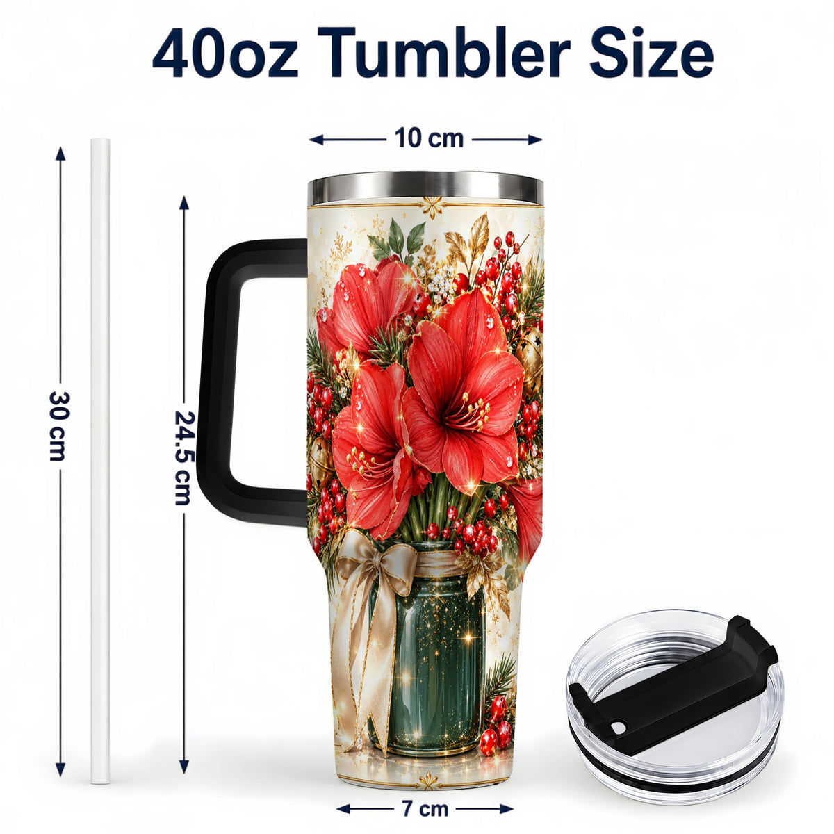 #pl[40oz|Black] Christmas Amaryllis 40oz Tumbler with Handle, Festive Floral Drinkware