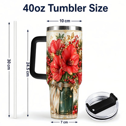#pl[40oz|Black] Christmas Amaryllis 40oz Tumbler with Handle, Festive Floral Drinkware