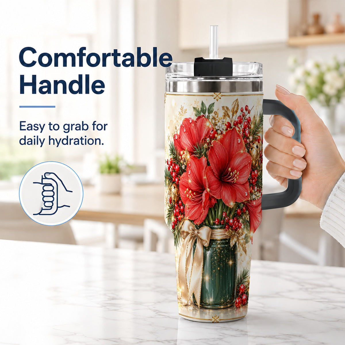#pl[40oz|Black] Christmas Amaryllis 40oz Tumbler with Handle, Festive Floral Drinkware