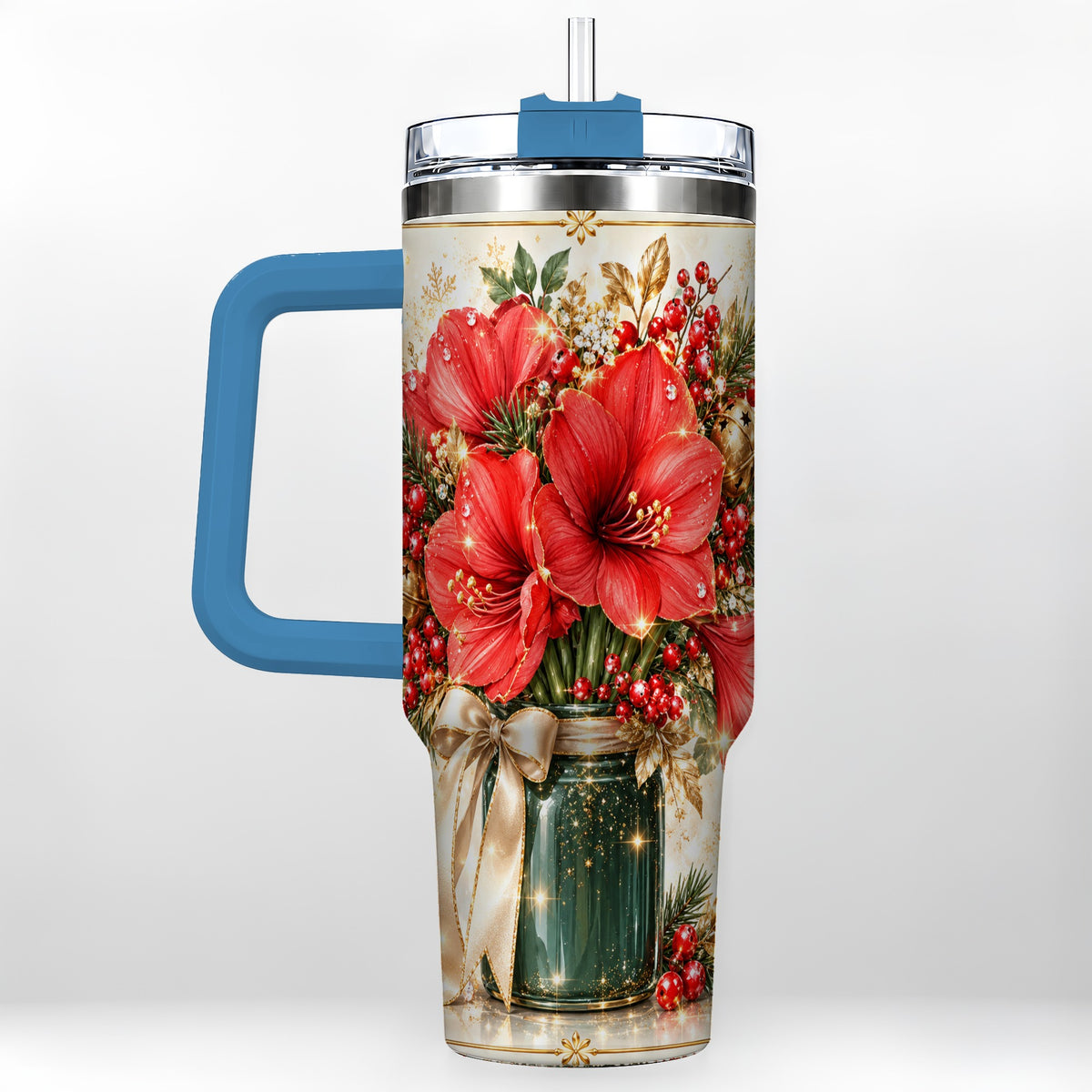 #pl[40oz|Blue] Christmas Amaryllis 40oz Tumbler with Handle, Festive Floral Drinkware