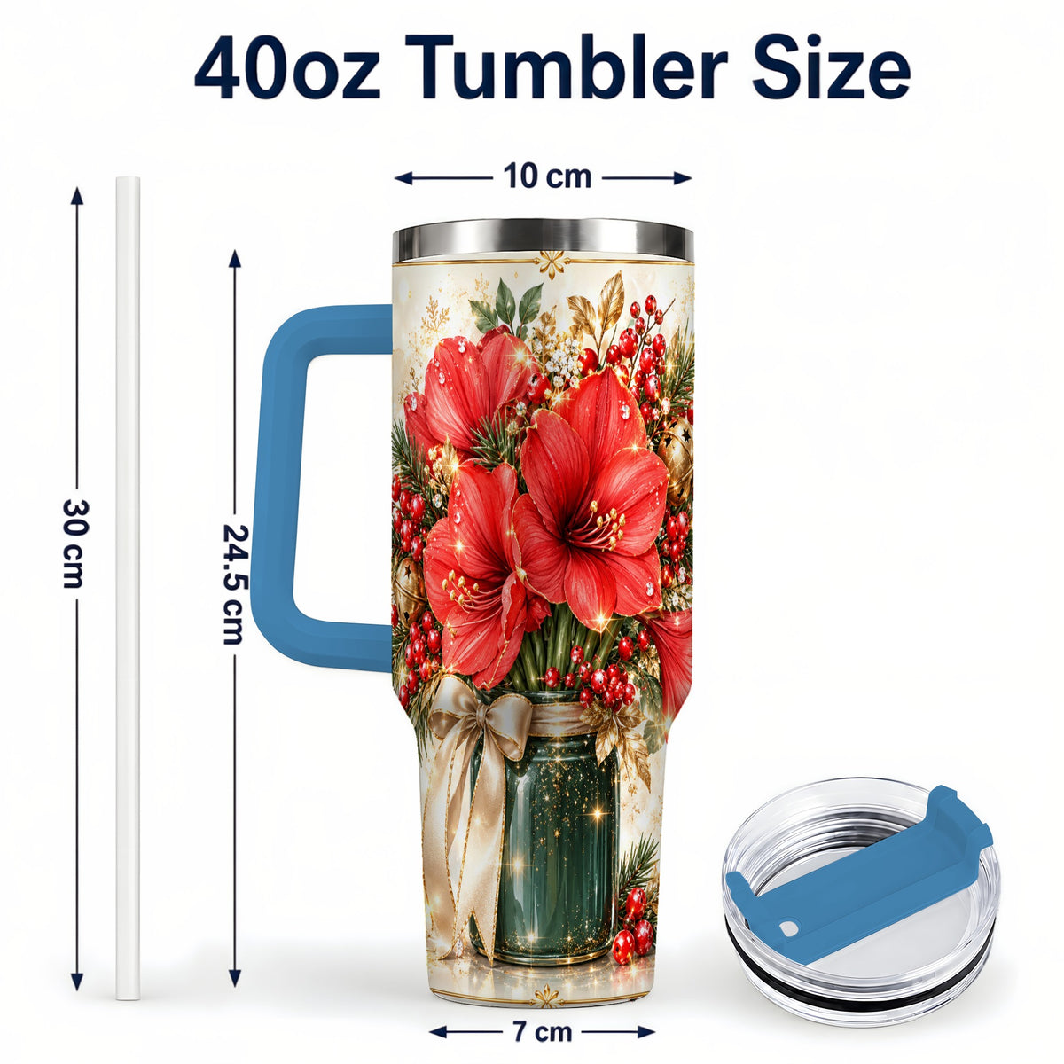 #pl[40oz|Blue] Christmas Amaryllis 40oz Tumbler with Handle, Festive Floral Drinkware