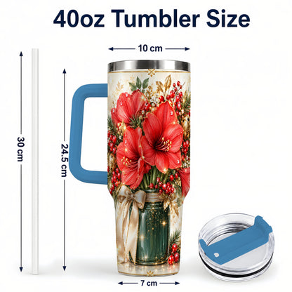 #pl[40oz|Blue] Christmas Amaryllis 40oz Tumbler with Handle, Festive Floral Drinkware