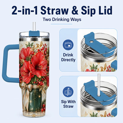 #pl[40oz|Blue] Christmas Amaryllis 40oz Tumbler with Handle, Festive Floral Drinkware
