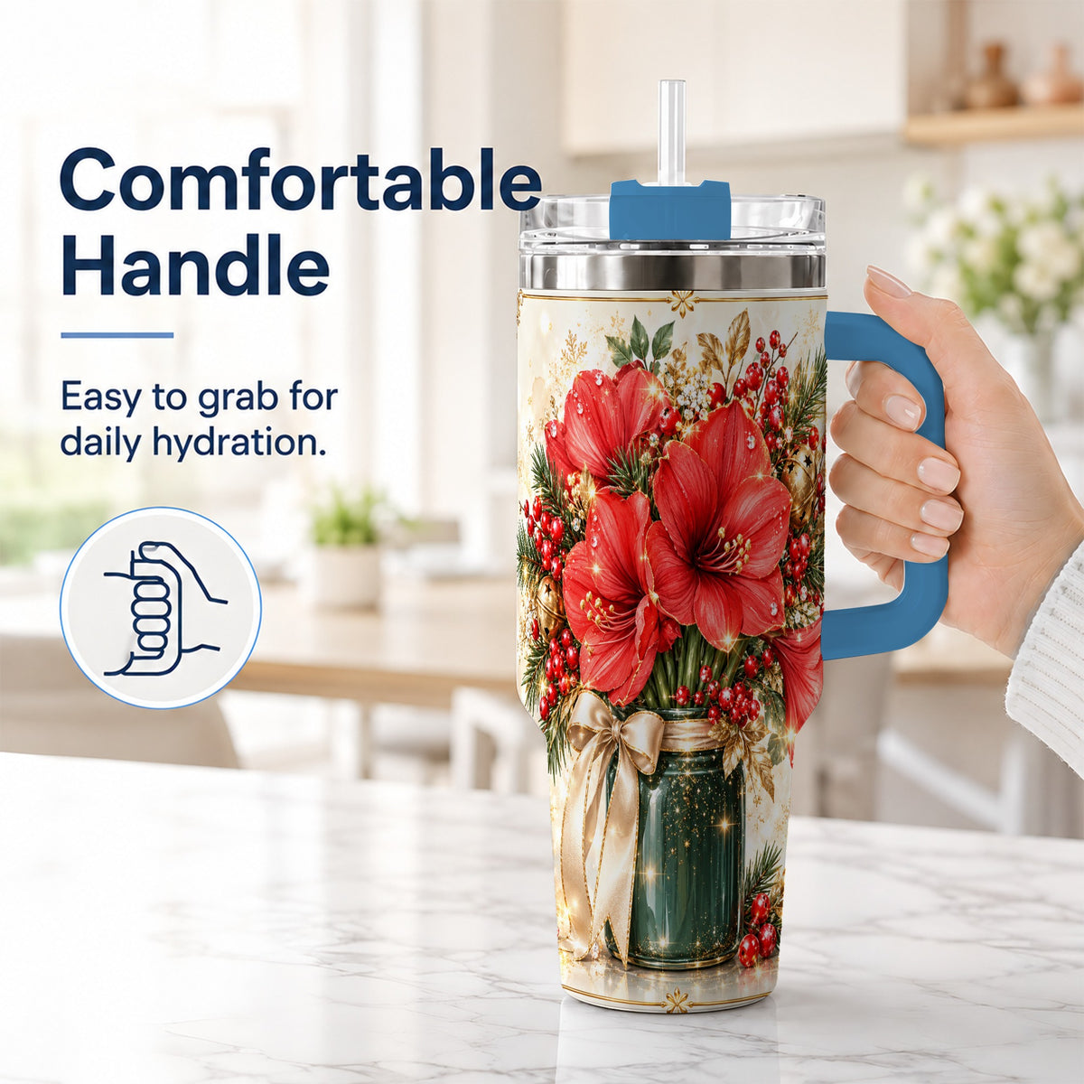 #pl[40oz|Blue] Christmas Amaryllis 40oz Tumbler with Handle, Festive Floral Drinkware