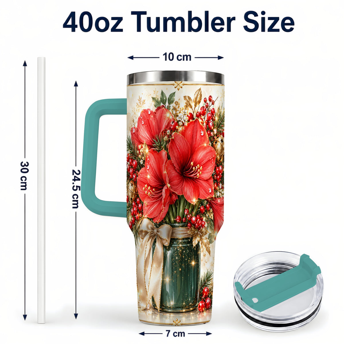 #pl[40oz|Green] Christmas Amaryllis 40oz Tumbler with Handle, Festive Floral Drinkware