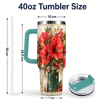 #pl[40oz|Green] Christmas Amaryllis 40oz Tumbler with Handle, Festive Floral Drinkware