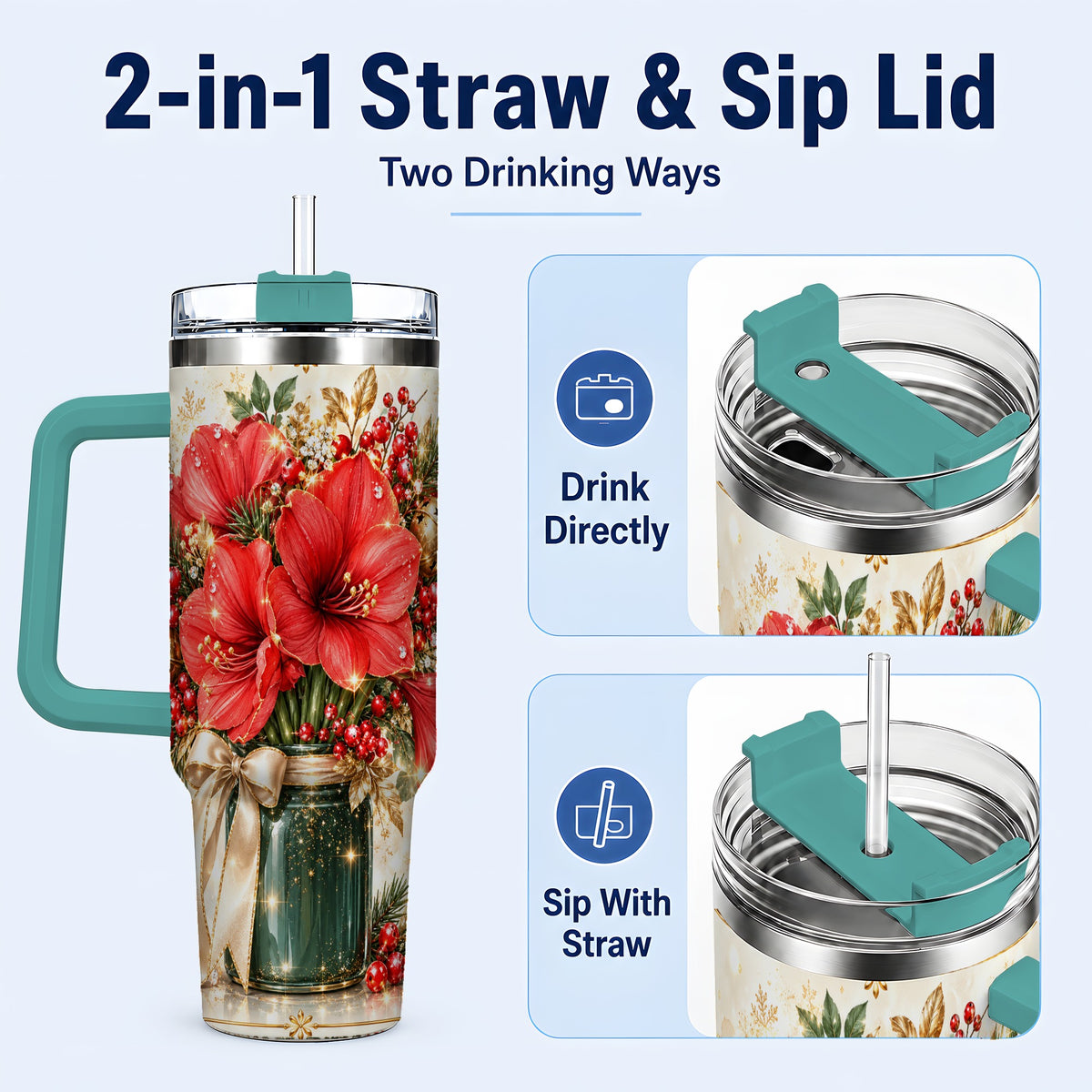 #pl[40oz|Green] Christmas Amaryllis 40oz Tumbler with Handle, Festive Floral Drinkware