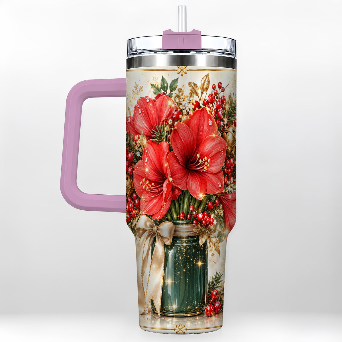 #pl[40oz|Pink] Christmas Amaryllis 40oz Tumbler with Handle, Festive Floral Drinkware