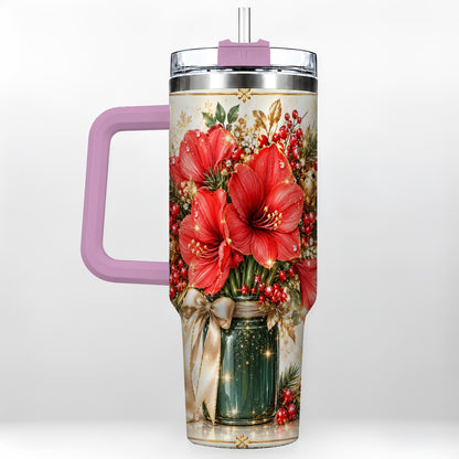 #pl[40oz|Pink] Christmas Amaryllis 40oz Tumbler with Handle, Festive Floral Drinkware