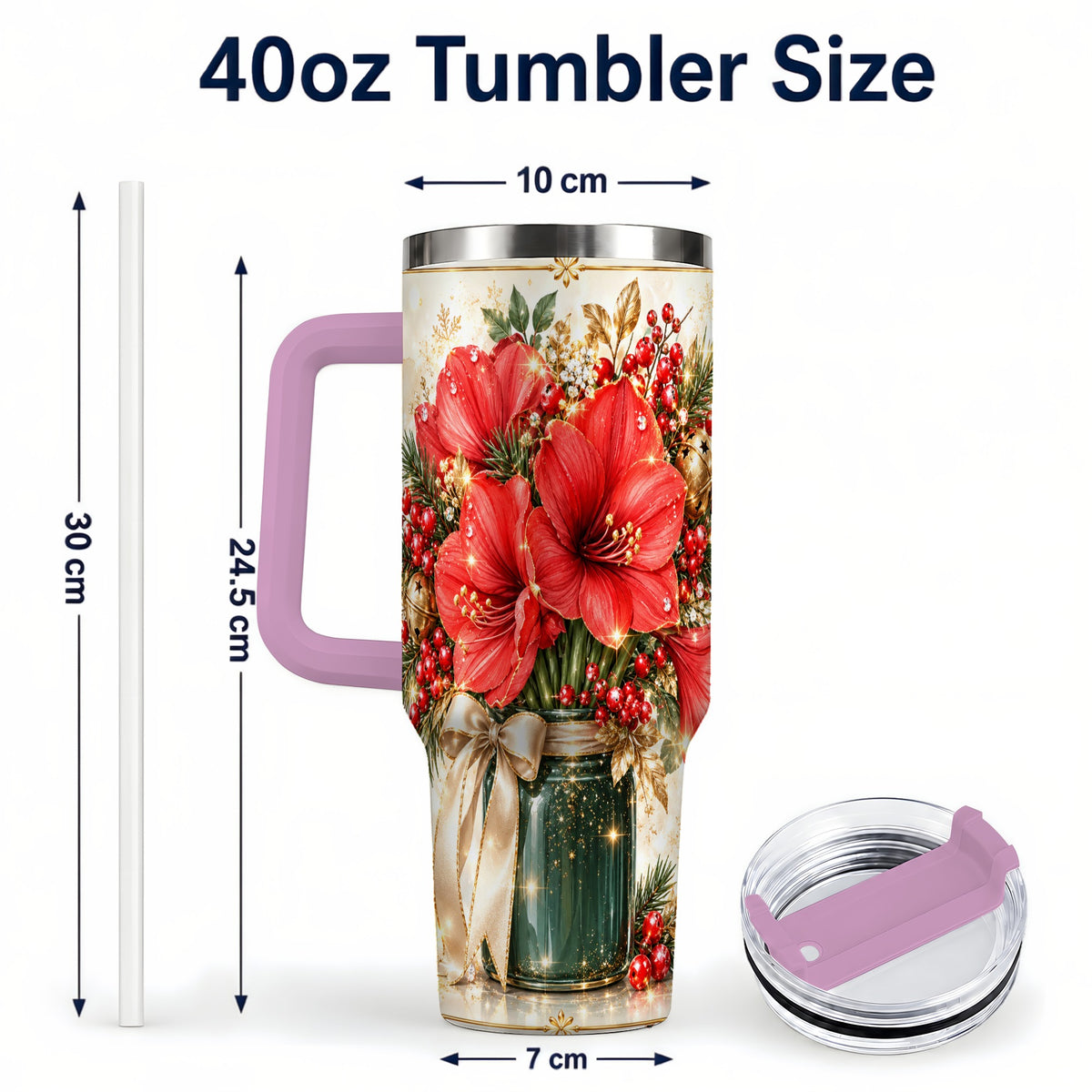 #pl[40oz|Pink] Christmas Amaryllis 40oz Tumbler with Handle, Festive Floral Drinkware