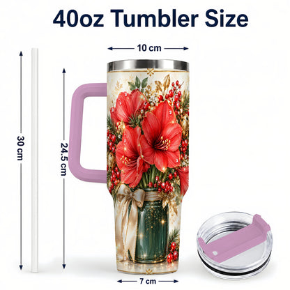 #pl[40oz|Pink] Christmas Amaryllis 40oz Tumbler with Handle, Festive Floral Drinkware