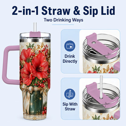 #pl[40oz|Pink] Christmas Amaryllis 40oz Tumbler with Handle, Festive Floral Drinkware