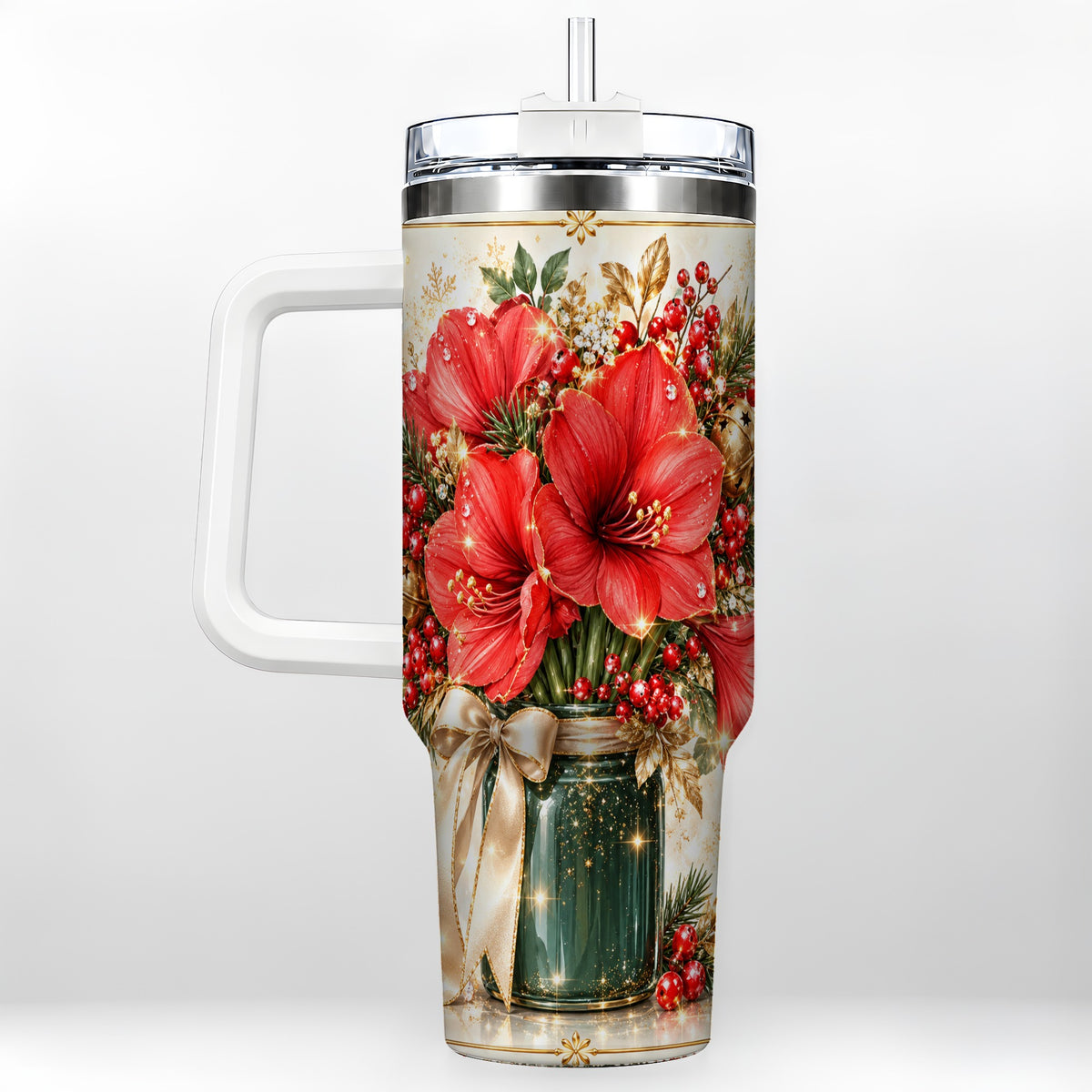 Christmas Amaryllis 40oz Tumbler with Handle, Festive Floral Drinkware