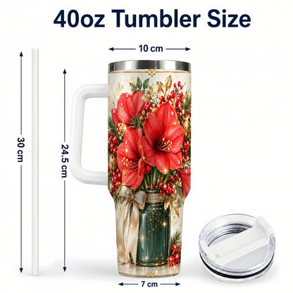 #pl[40oz|White] Christmas Amaryllis 40oz Tumbler with Handle, Festive Floral Drinkware