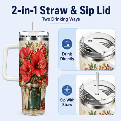 #pl[40oz|White] Christmas Amaryllis 40oz Tumbler with Handle, Festive Floral Drinkware