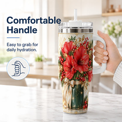 #pl[40oz|White] Christmas Amaryllis 40oz Tumbler with Handle, Festive Floral Drinkware