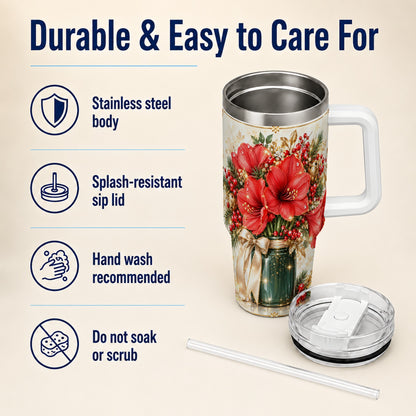Christmas Amaryllis 40oz Tumbler with Handle, Festive Floral Drinkware