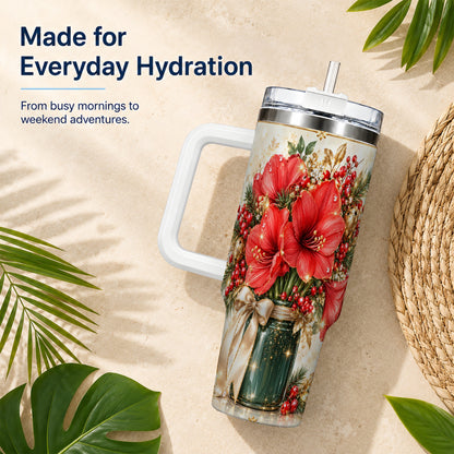 Christmas Amaryllis 40oz Tumbler with Handle, Festive Floral Drinkware